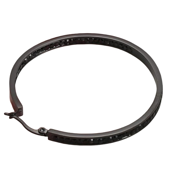 Black Metal Rhinestone Hoop Earrings Sparkle Crystal Big Channel Hoops Dark Glam - Picture 10 of 12